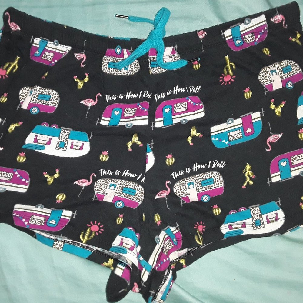 How I Roll Flamingo Camper Cactus Fun RETRO VIBES Sleep Shorts Small NWOT